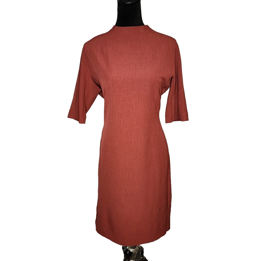 MM LaFleur The Farnoosh Dress Size 10 Rust Brick Red Mock Neck Midi Work Dress
